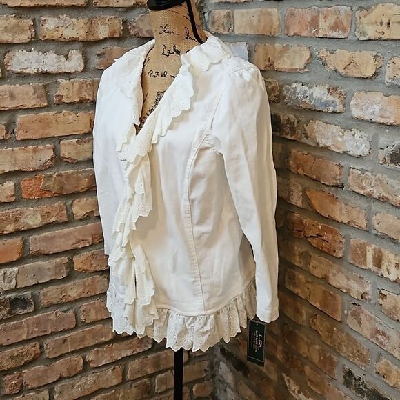 NWT LRL Lauren Jeans white denim jacket with eyelet trim size 16 - Picture 4 of 13